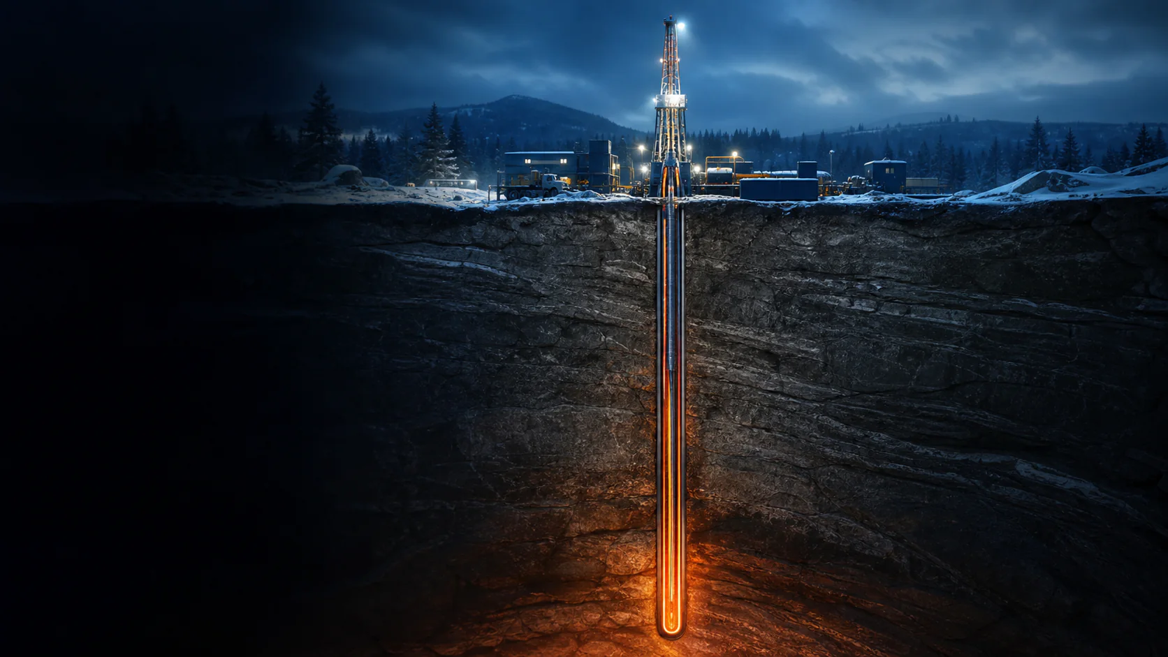 Concept cutaway of a deep closed-loop borehole descending through bedrock from a surface drilling site