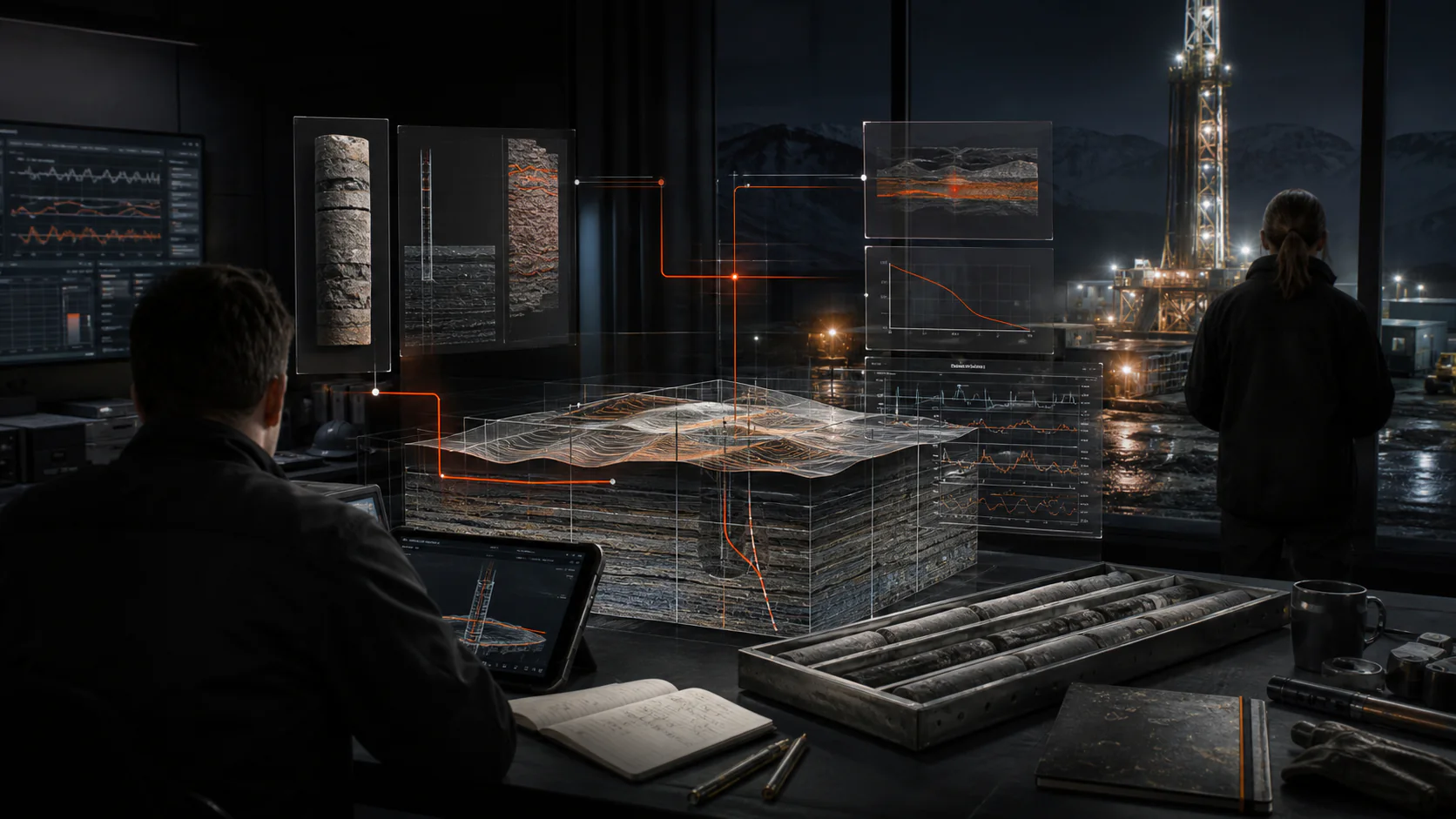 Concept image of a digital system model connecting property load, rock-core evidence, borehole geometry, drilling dashboards and field data